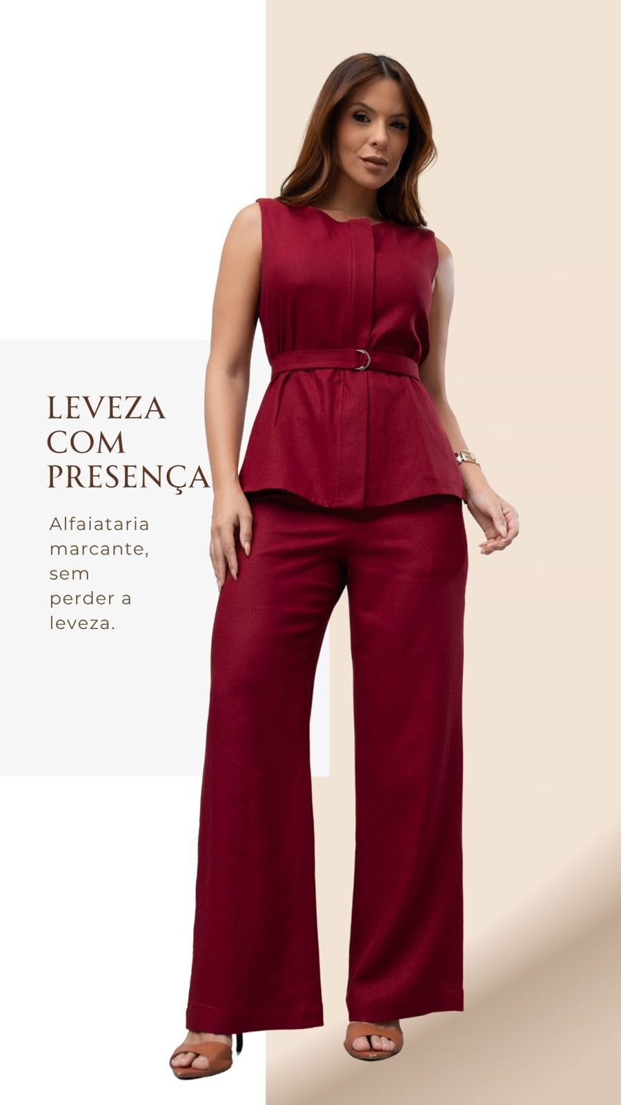 Conjunto vinho de alfaiataria — leveza com presença